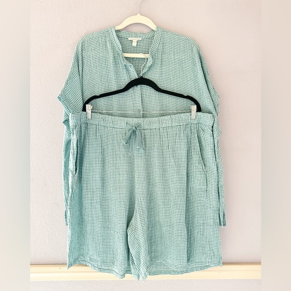 Eileen Fisher Puckered Check Button Down Shirt and Short Linen Set - Picture 2 of 9